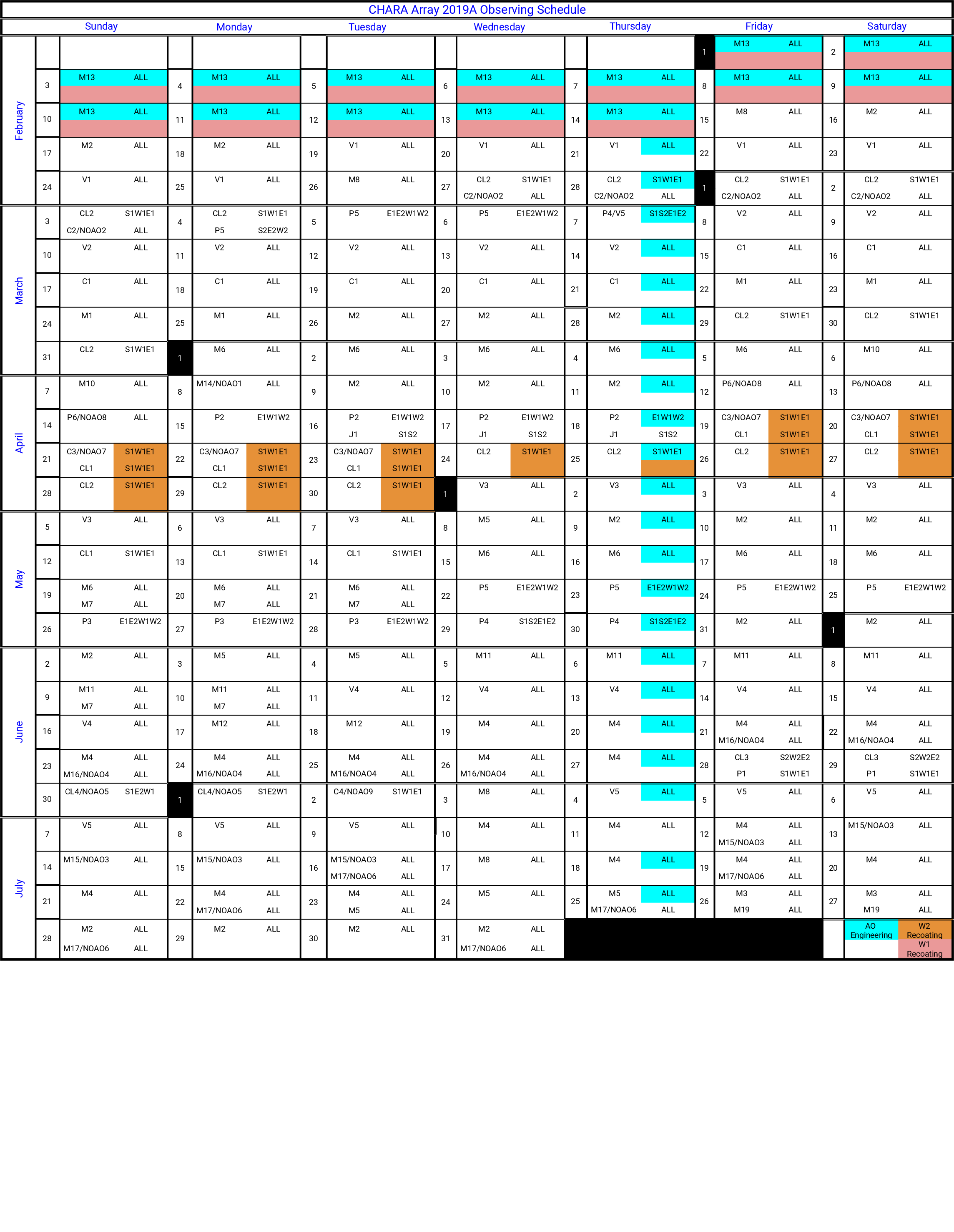 chara observing schedule schedules