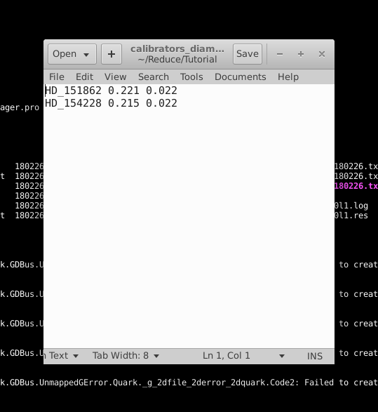 Text file listing the calibrator's diameter estimates and their errors.